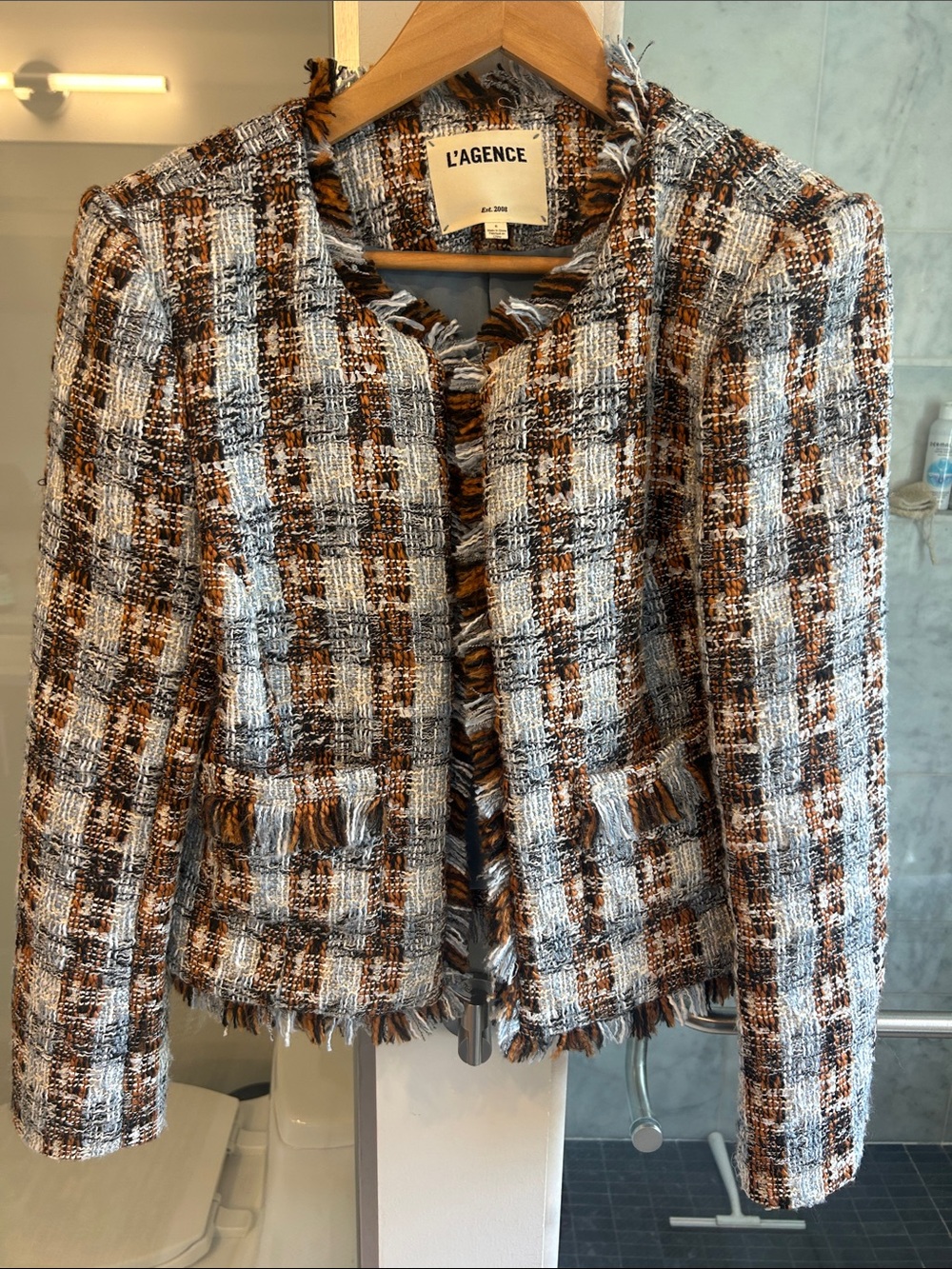 L'AGENCE Women's Tweed Fringe Jacket in Brown Blue and White
